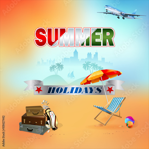 Travel background with sun bed, umbrella and luggage, golf club, palms and a distant city