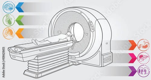 Illustration of MRI machine with simple design elements, clean line art for web and print design appealing for sport theme.