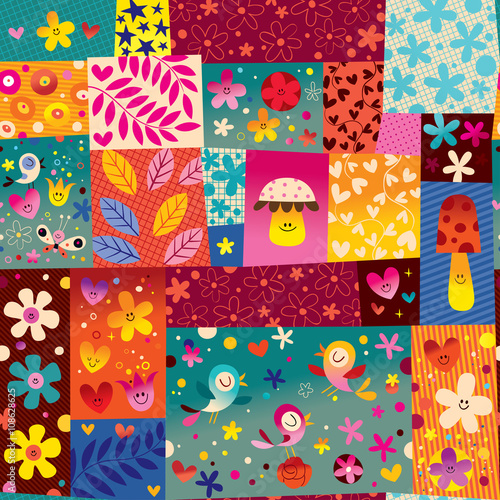 nature seamless pattern with cute birds flowers mushrooms