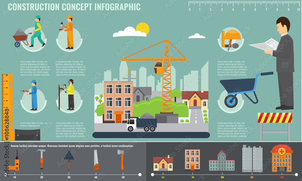 Construction infographics set with engineer and workers equipment tools.