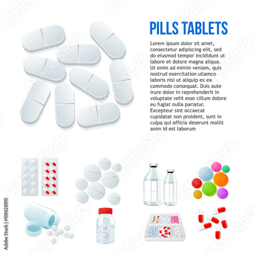 Large oval pills, different pills and white and color on a white background, vector illustration with a set of drugs, colorful products. Bottles and boxes with colored vitamins. Things to human health