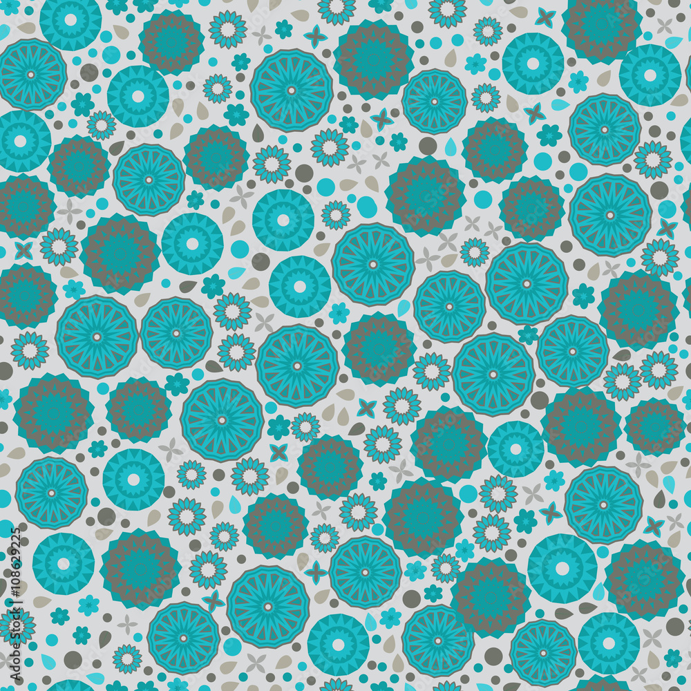seamless pattern of circles, flowers, leaves