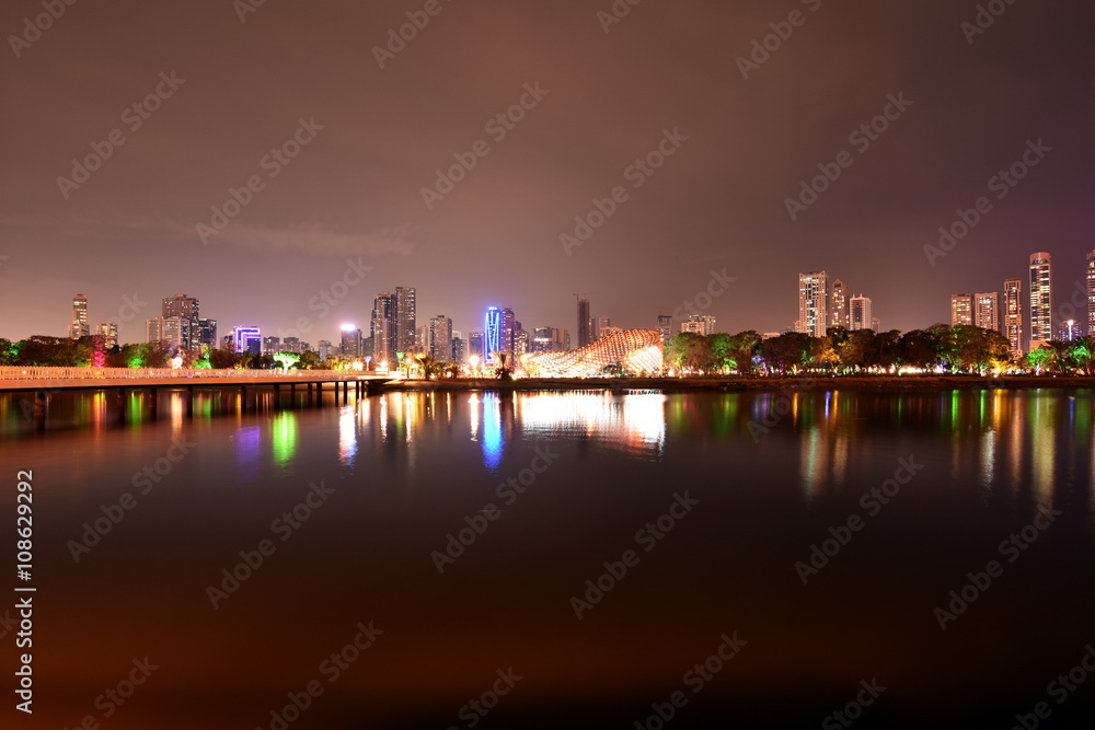 Business Bay Bridge and walk at night with long exposure, Dubai, UAE