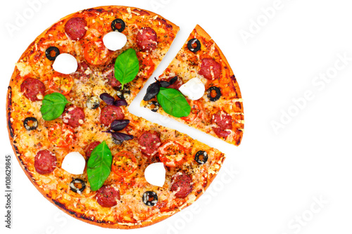 Pepperoni Pizza with Sausage, Cheese, Mozzarella, Olives and Bas