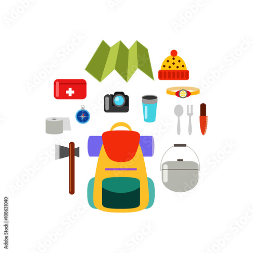 What to bring on a hike. Hiking equipment. Set of isolated vector elements, hiking concept.