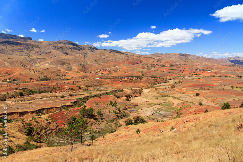 Panoramic view over the red barren landscape of Madagascar