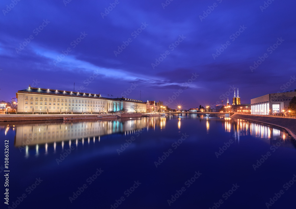 Evening view on the Regional Office and old town in Wroclaw,