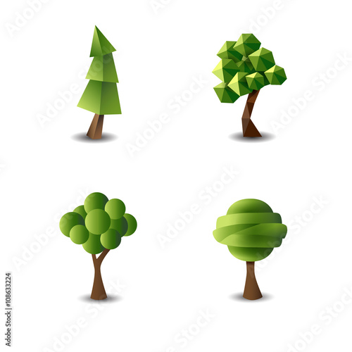 Set of trees. Polygonal and voluminous trees. Forest plants. vector design