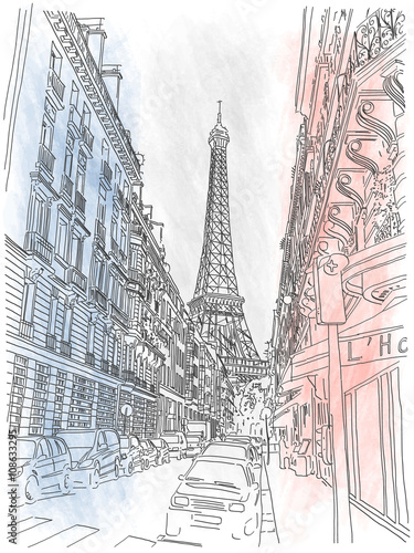 Street of the city of Paris and view on Eiffel Tower on the background of the French flag. Vector hand drawing.