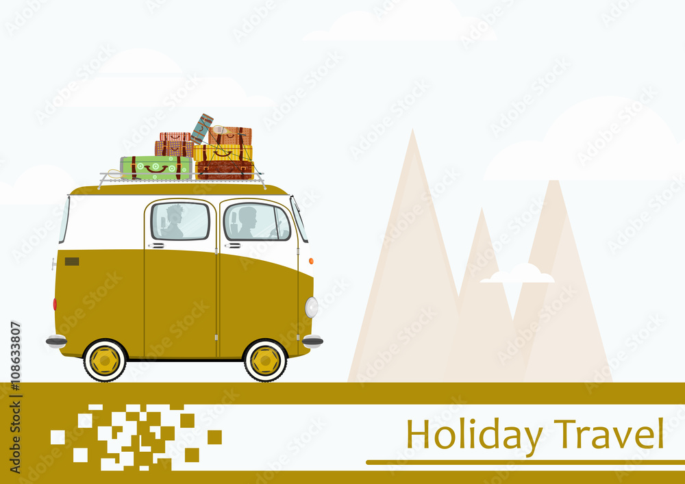Holiday travel. Illustration of a cartoon retro van. Flat vector