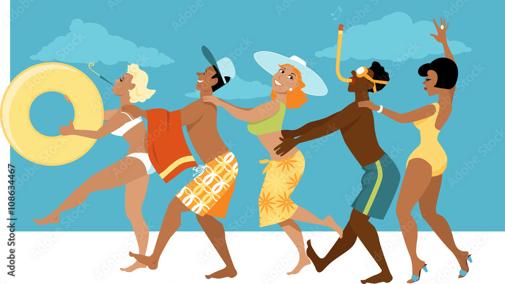 Diverse group of people in swimsuits dancing a conga line on a beach