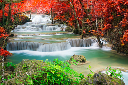 Waterfall in autumn forest at Erawan waterfall National Park  Thailand 