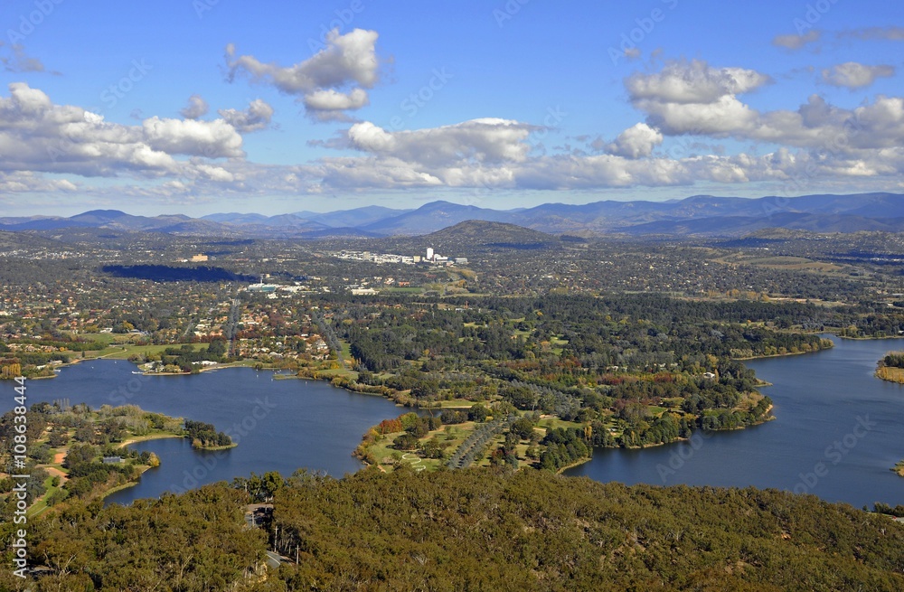 aerial view from the Telstra Tower towards the Burley Griffin Lake, Canberra ACT Australia