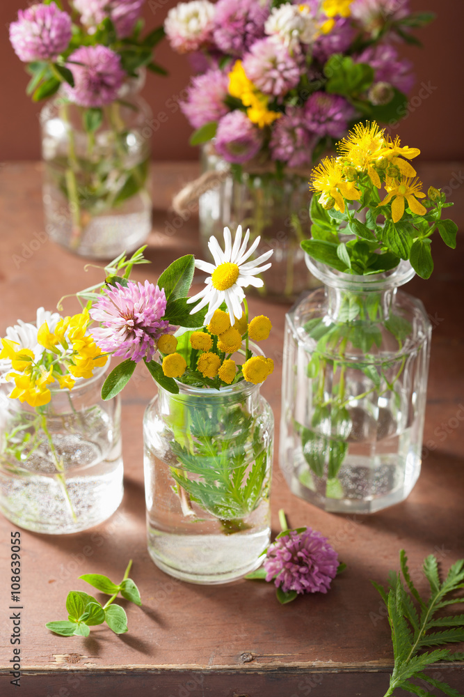 colorful medical flowers and herbs in jars colorful medical flowers and herbs in jars