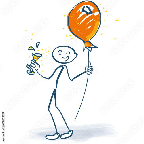 Strichmännchen mit Sektglas und Luftballon am Stiel