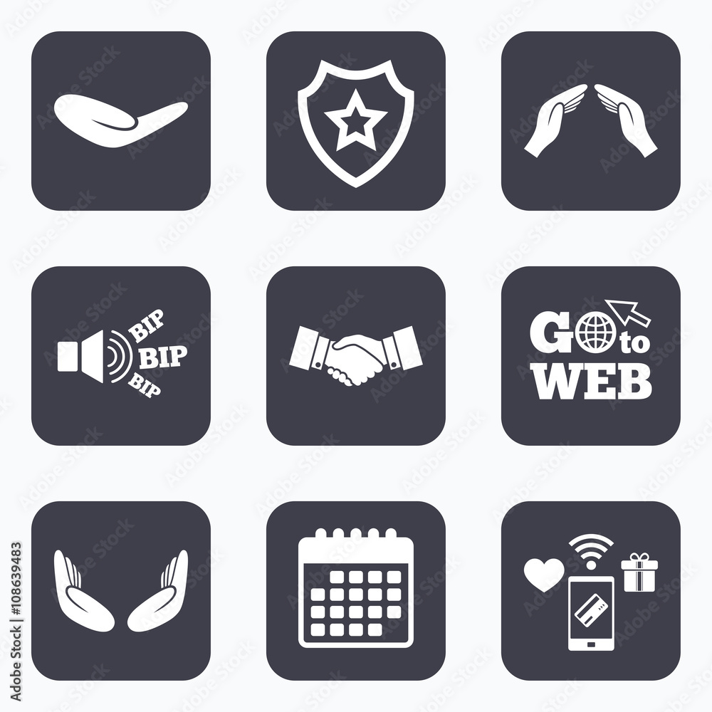 Hand icons. Handshake and insurance symbols. Hand icons. Handshake and insurance symbols.