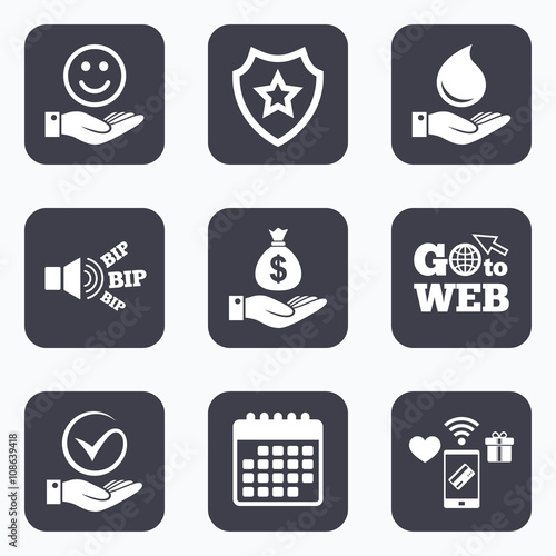 Smile and hand icon. Water drop, Tick symbol.
