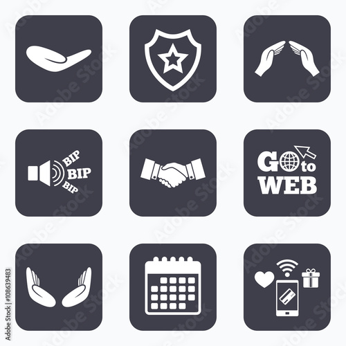 Hand icons. Handshake and insurance symbols.
