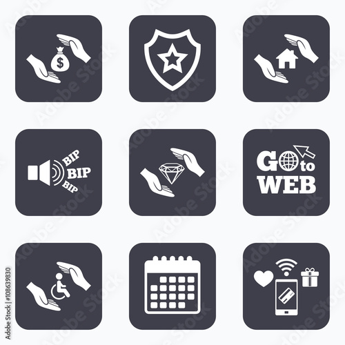 Hands insurance icons. Money savings sign.