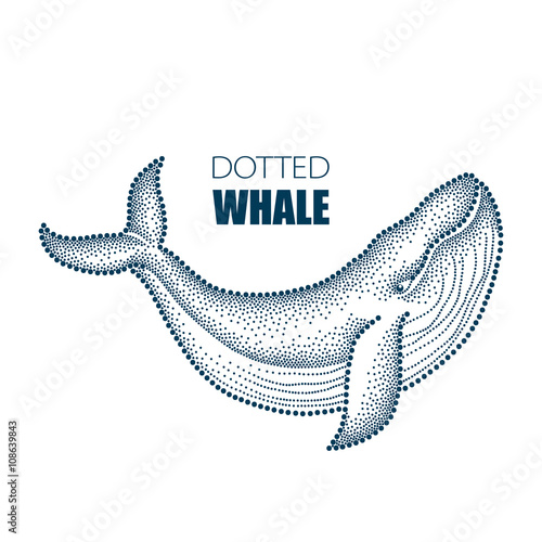Vector illustration of dotted humpback whale in black isolated on white background. Maritime theme with whale for summer design. Marine elements in trendy dotwork style.