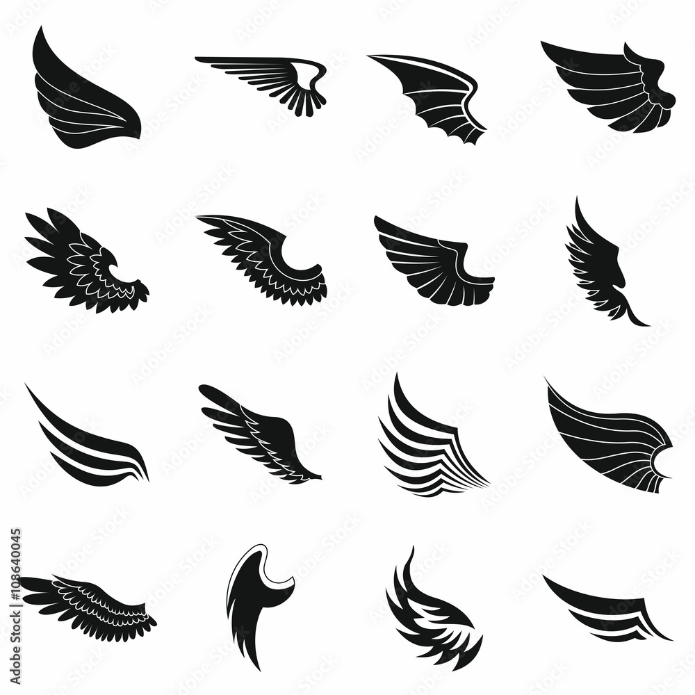 Fototapeta premium Wings icons set, black simple style