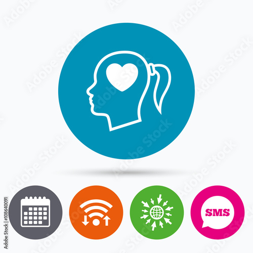 Head with heart sign icon. Female woman head