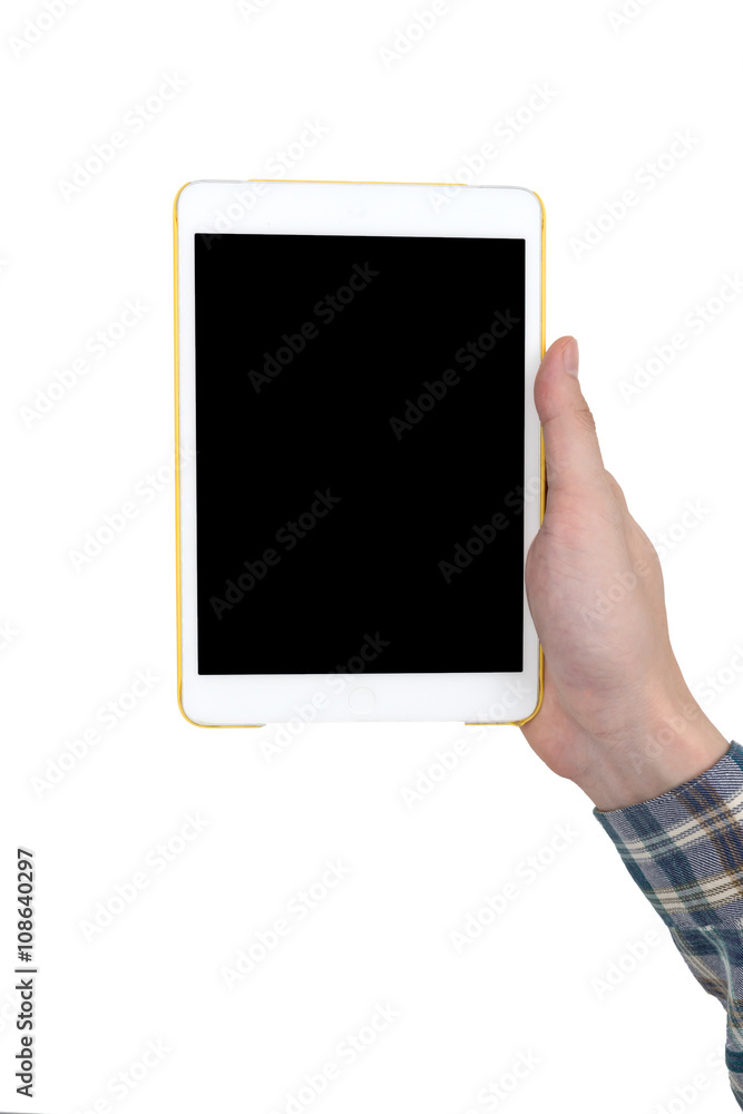 Male hand holding a white tablet touch computer gadget with touch blank black screen on white background. Male hand holding a white tablet touch computer gadget with touch blank black screen on white background.