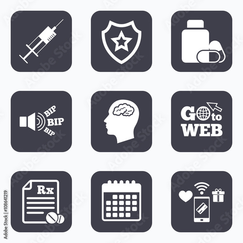 Medicine icons. Tablets bottle, brain, Rx.
