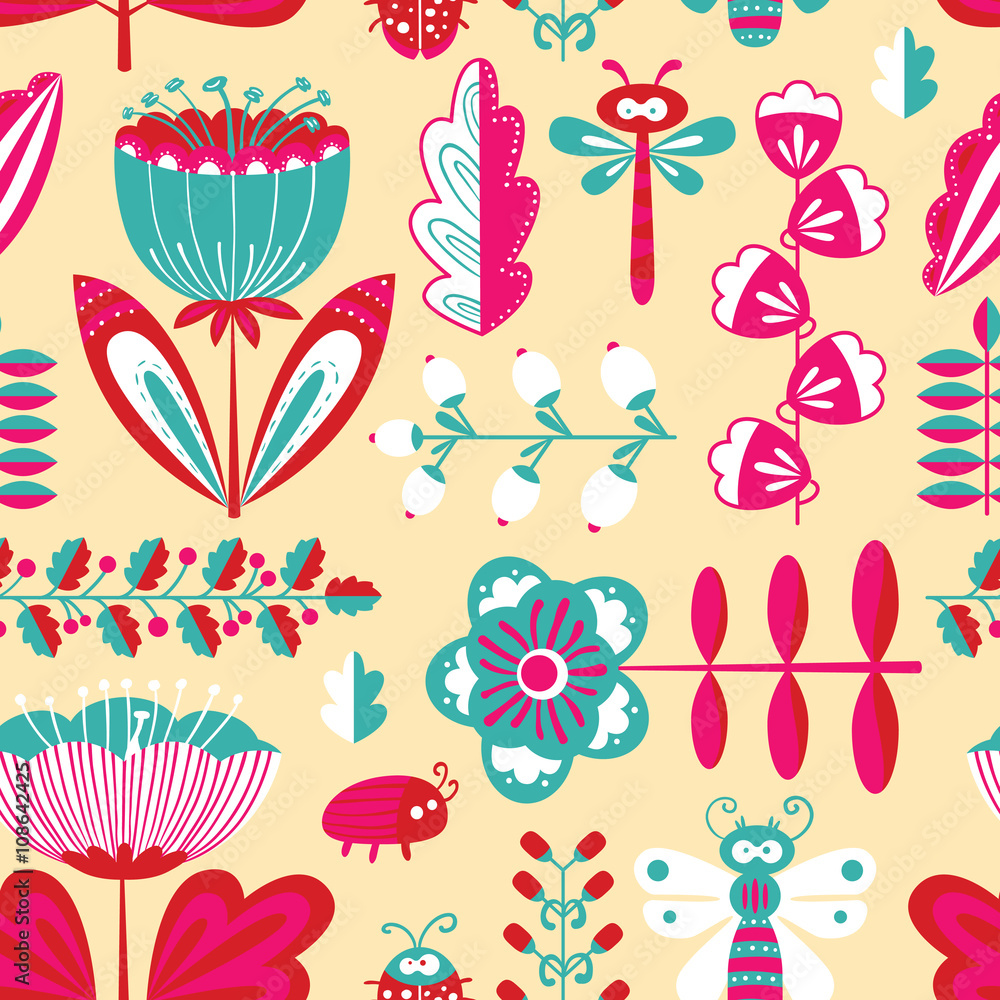 Decorative seamless background with flowers, bugs and dragonfly in cartoon style