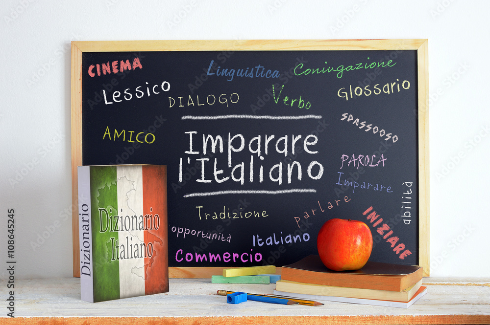 © JuanCi Studio - Blackboard in an Italian language classroom with the message LEARN ITALIAN (Imparare l' Italiano) and some other linguistic words.