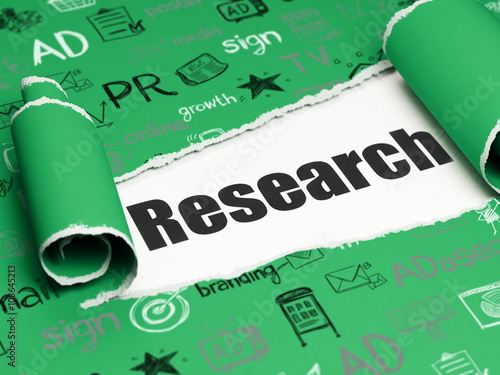 Advertising concept: black text Research under the piece of  torn paper
