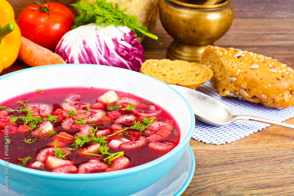 Healthy Food: Soup with Beets, Tomato and Vegetables Healthy Food: Soup with Beets, Tomato and Vegetables