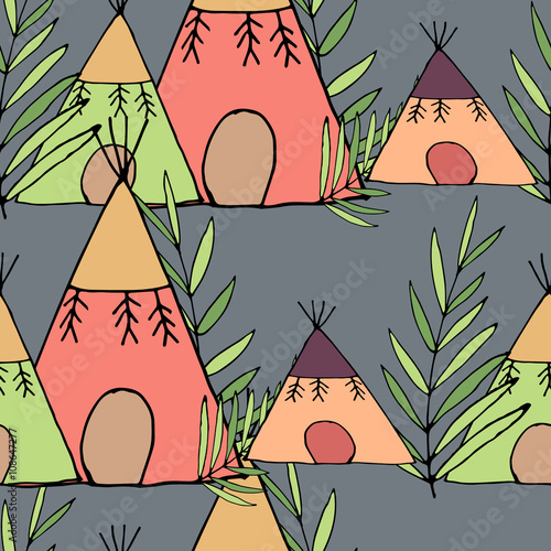 Tepee seamless pattern. Wigwam native american summer tent illustration in vector. Indian background.