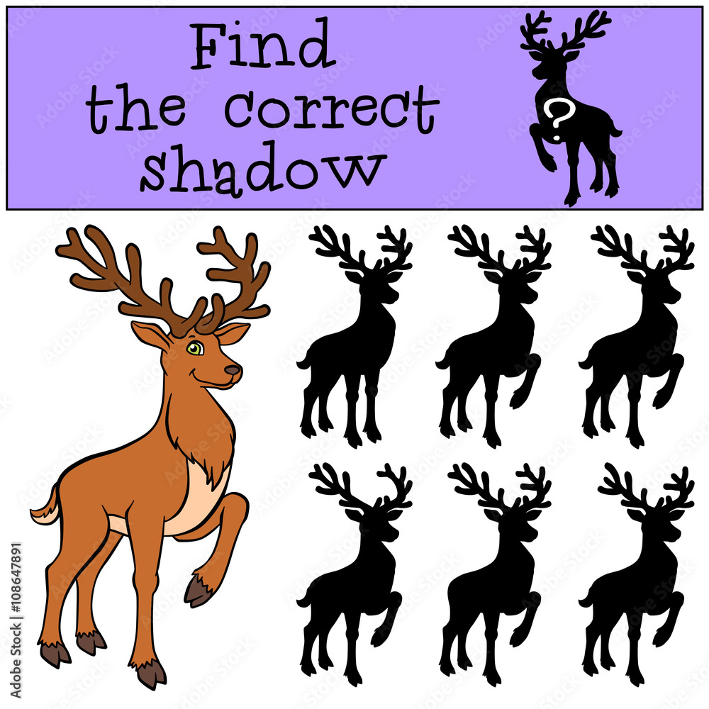 Children games: Find the correct shadow. Cute deer stands and smiles.
