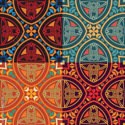 collection of four colorful tribal ethnic seamless patterns
