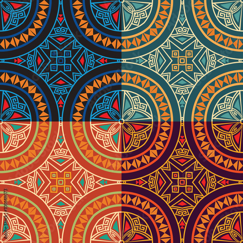 collection of four colorful tribal ethnic seamless patterns