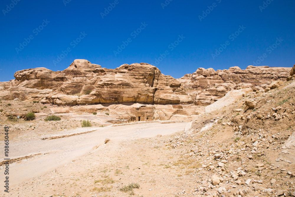 red rock formations in Petra Jordan.