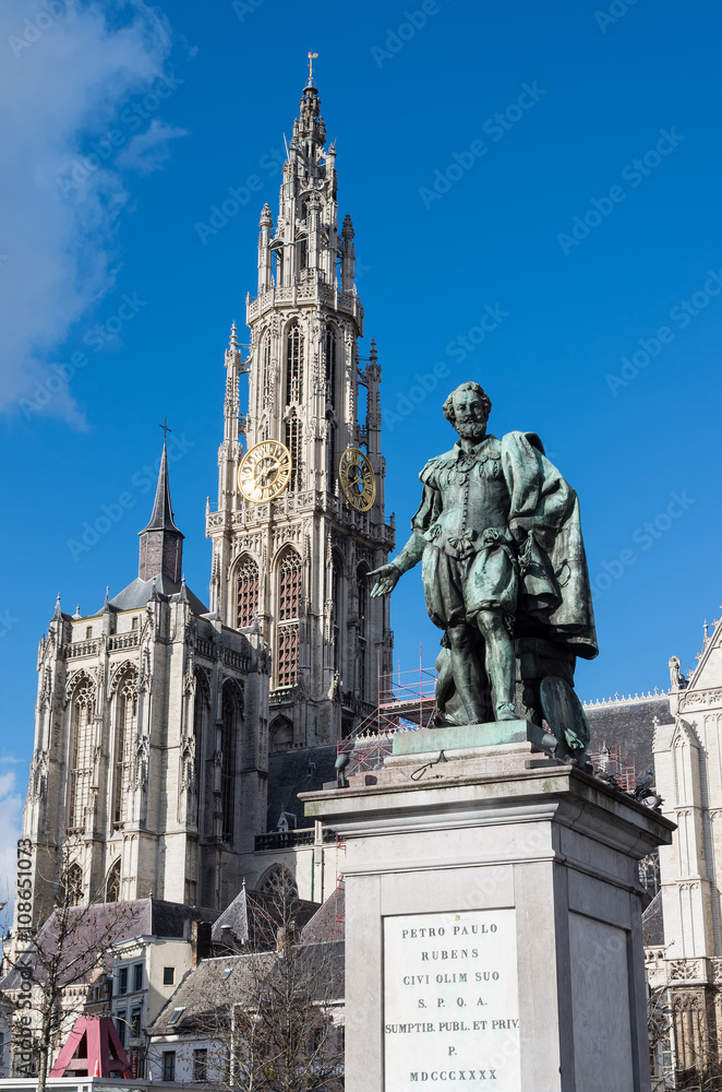 Statue of Peter Paul Rubens with Cathedral of Our Lady in Background in Antwerp, Belgium