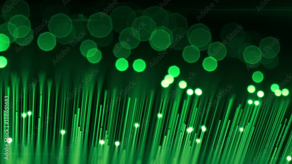 Technology Background with Optical Fibers. Flashing Light Signals Green