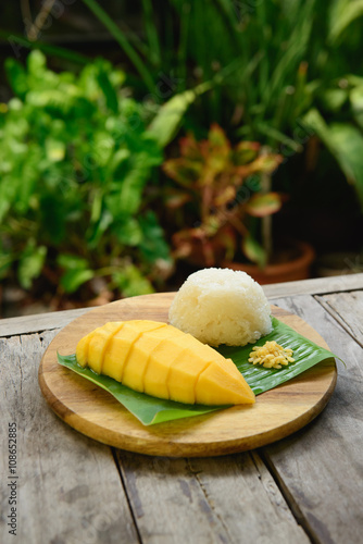 Mango sticky rice on wooden plate
