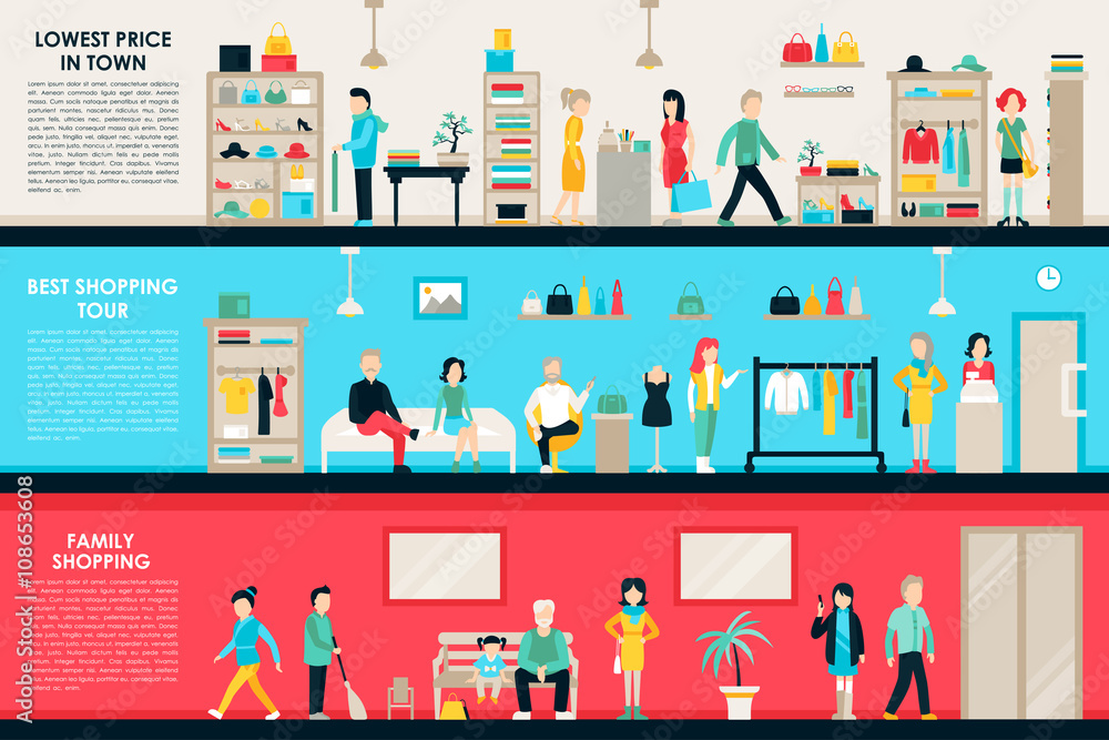 Shopping Center and Boutique Rooms flat shop interior concept web. Fashion Clothes Customers Mall Retail Purchase Shopping Center and Boutique Rooms flat shop interior concept web. Fashion Clothes Customers Mall Retail Purchase