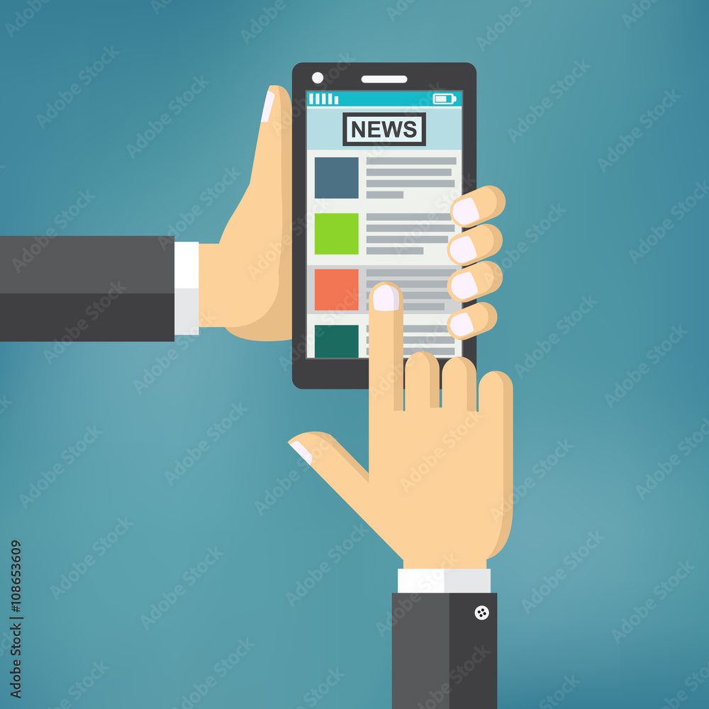 News app on smartphone screen. News app on smartphone screen.