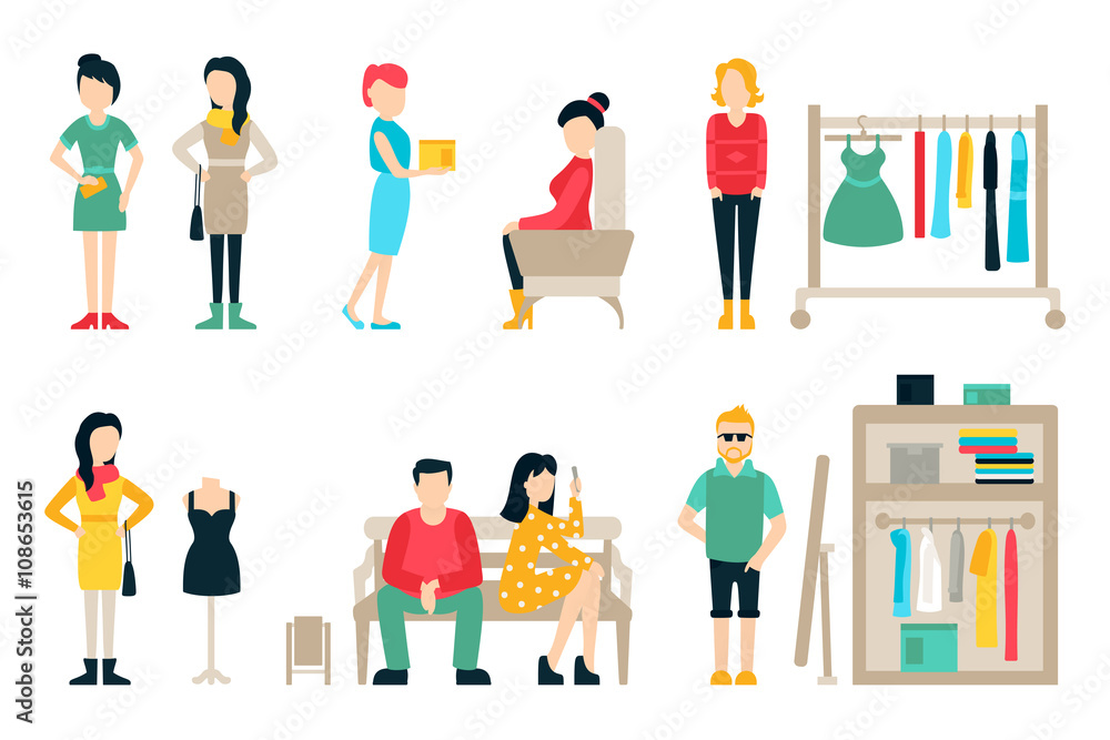 Vector shopping and shipping flat icons set. Mall Staff, Happy Buyers Isolated On White Background, Furniture, Clothes, People Vector Illustration, Graphic Editable For Your Design Vector shopping and shipping flat icons set. Mall Staff, Happy Buyers Isolated On White Background, Furniture, Clothes, People Vector Illustration, Graphic Editable For Your Design