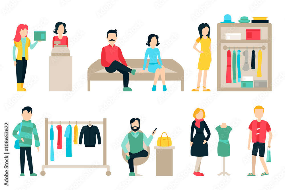 Vector shopping and shipping flat icons set. Mall Staff, Happy Buyers Isolated On White Background, Furniture, Clothes, People Vector Illustration, Graphic Editable For Your Design Vector shopping and shipping flat icons set. Mall Staff, Happy Buyers Isolated On White Background, Furniture, Clothes, People Vector Illustration, Graphic Editable For Your Design