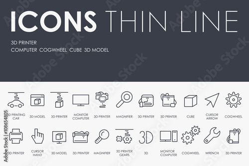 Three D Printer Thin Line Icons