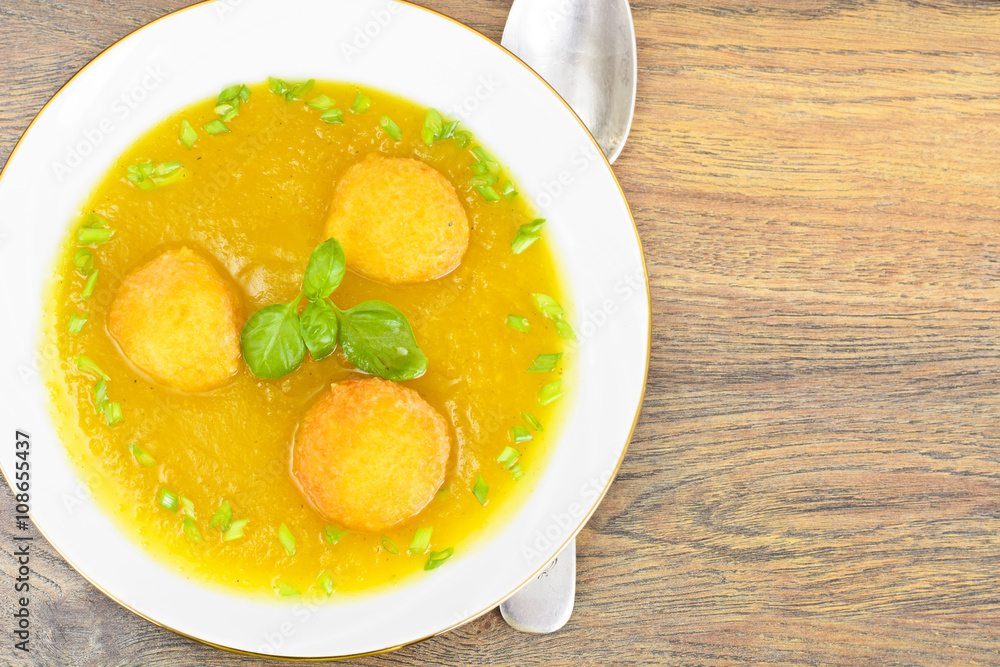 Carrot, Pumpkin Cream Soup with Cheese Balls Diet Food Carrot, Pumpkin Cream Soup with Cheese Balls Diet Food