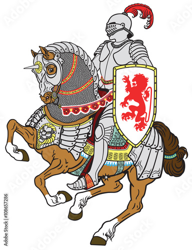 medieval knight riding armored horse in gallop. vector