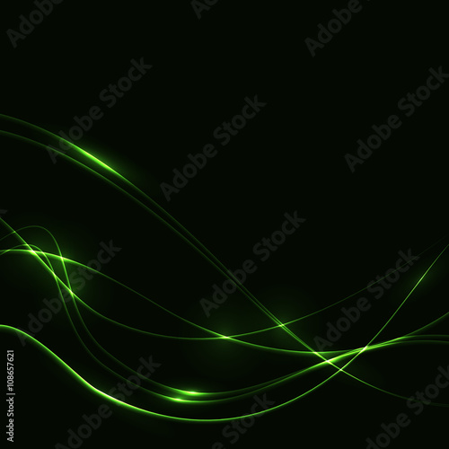 Dark background with green laser shine neon waves