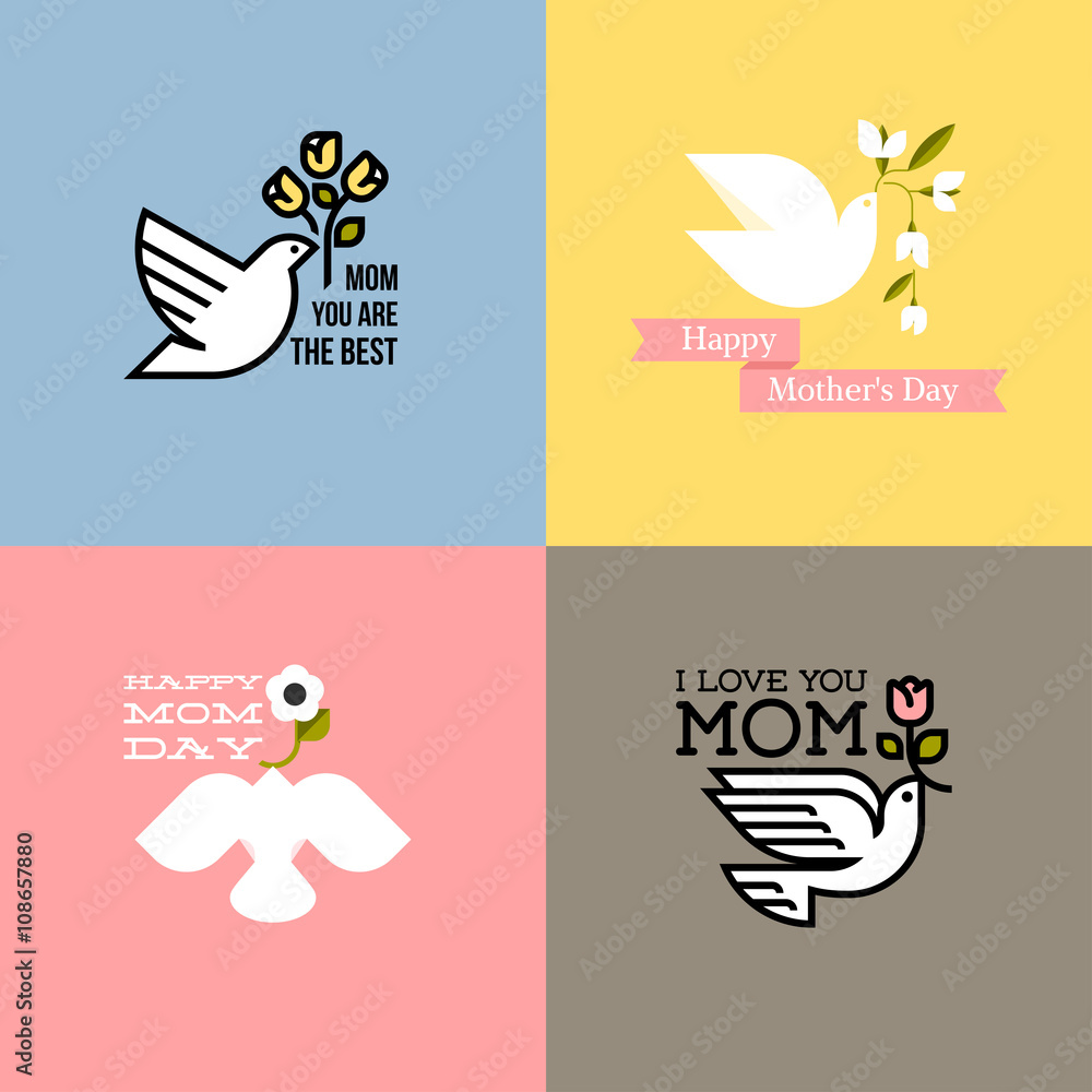 Flat style happy mothers day cards with dove, pastel colored spring flowers and greeting text message