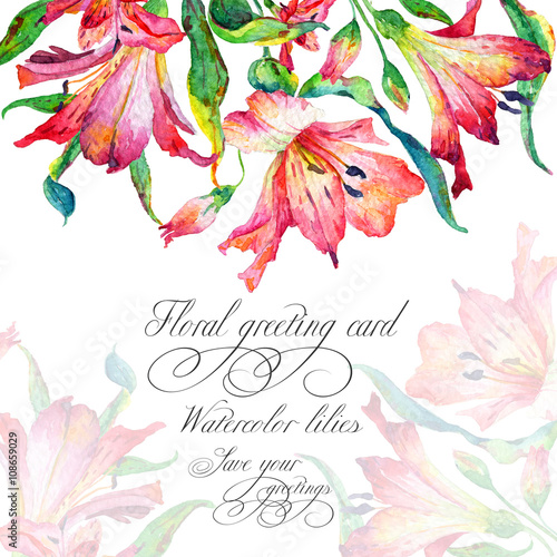 Fototapeta Naklejka Na Ścianę i Meble -  Greeting card  with pink watercolor lilies. Frame can be used as greeting card, template for invitation card and so on.